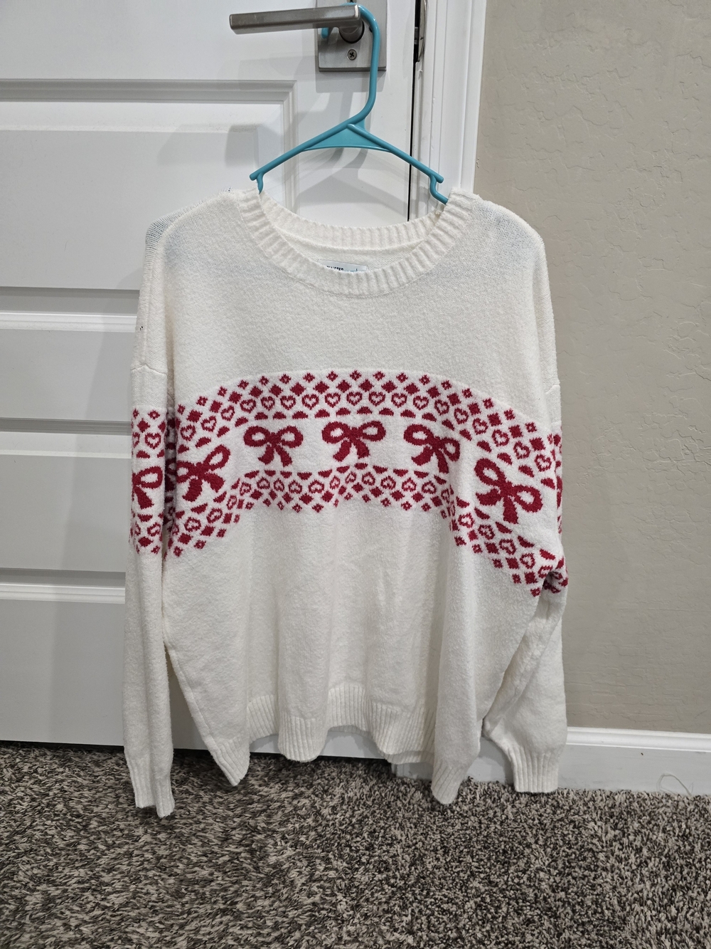 Hollister Cream Crewneck Sweater with Red Bow Motif
